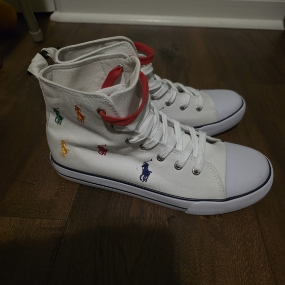 NWT-Polo Ralph Lauren White High-Top Sneakers with Multicolor Embroidery - Picture 8 of 16